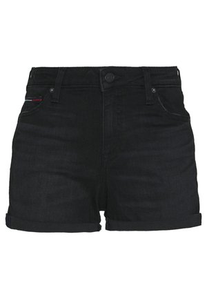Schwarze Jeans-Shorts mit aufgerolltem Saum, vorderer Knopfleiste, Gürtelschlaufen und Vordertaschen mit einer kleinen roten und grauen Stickerei.