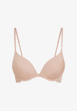 Μπεζ ενισχυμένο σουτιέν με μπανέλα, ρυθμιζόμενες τιράντες και δαντελένιες λεπτομέρειες στα πλευρά, σχεδιασμένο για υποστήριξη και άνεση.