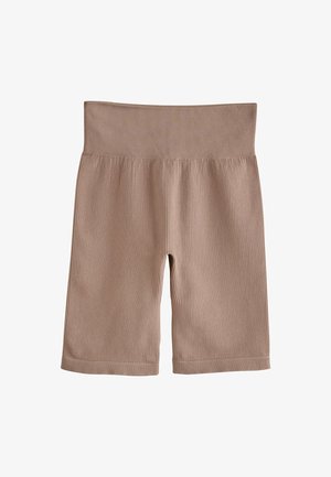 Brown ribbed bike shorts with a wide elastic waistband, featuring a smooth texture and a knee-length cut. No visible patterns or accents.