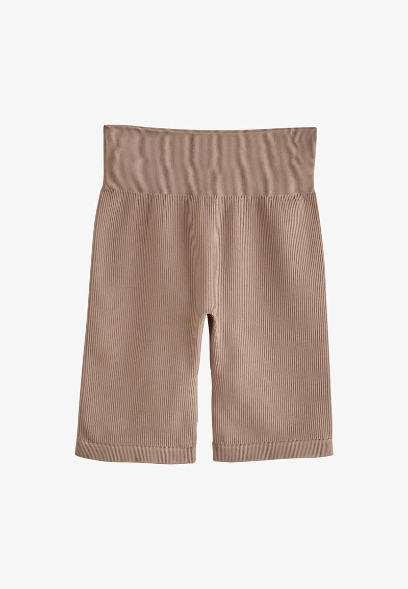 Bruine geribde fietsshorts met een brede elastische tailleband, voorzien van een gladde textuur en een knielange snit. Geen zichtbare patronen of accenten.