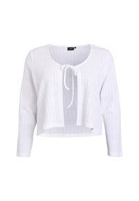 Cardigan bianco accorciato con maniche lunghe, apertura frontale e chiusura a fiocco. Realizzato in tessuto lavorato a maglia leggero con un motivo testurizzato.