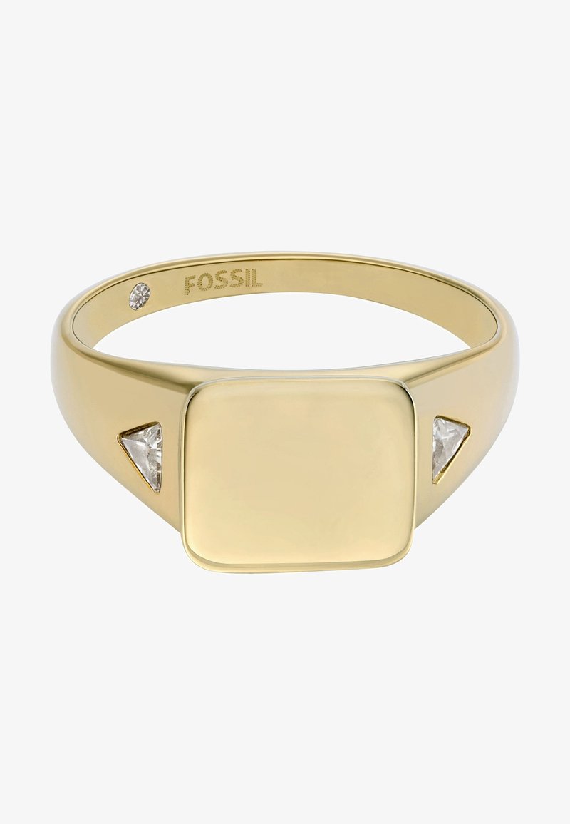 Bague en or avec un cadran carré et deux accents de pierres claires en forme de triangle. Bande lisse avec un léger éclat et une marque gravée à l'intérieur.