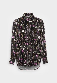 Black, floral-patterned blouse made of a shiny fabric; features a collared neck, long sleeves, and a cinched waist with a tie.
