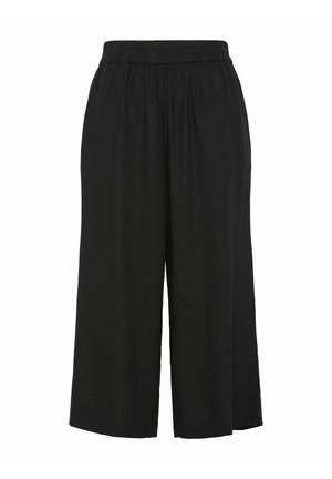 Schwarze, weit geschnittene Hose mit elastischem Bund, aus weichem Stoff gefertigt, mit lockerer Passform und knöchellangem Design. Keine sichtbaren Verschlüsse.