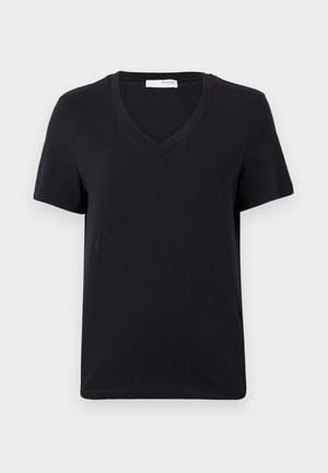 Zwarte katoenen t-shirt met een v-hals, korte mouwen en een ontspannen pasvorm. Soepele textuur en een schone zoom zonder versieringen.