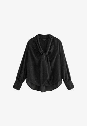 Black blouse featuring a tie-front design, long sleeves with gathered cuffs, and a textured fabric with subtle shimmer throughout.