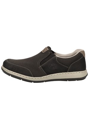 Schwarzer Slipper mit einem Mesh-Obermaterial, kontrastierenden beige Akzenten, gepolstertem Kragen und einer flexiblen Gummisohle.