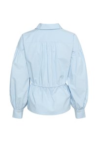 Light blue blouse with a collared neck, puffed sleeves, elastic waistband, and buttoned cuffs, made from a smooth, woven fabric.