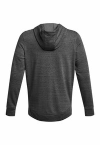 Sudadera gris oscuro hecha de una tela texturizada, con capucha clásica, mangas largas y un dobladillo redondeado en la parte inferior.