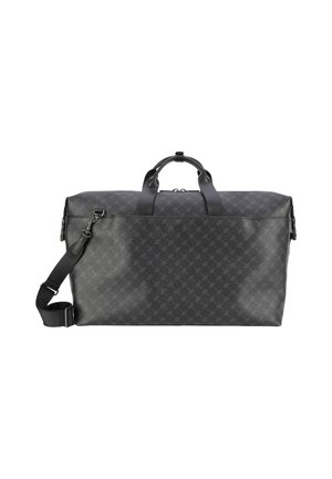 Black large duffel bag with subtle repeating pattern, two short handles, and a detachable adjustable shoulder strap.