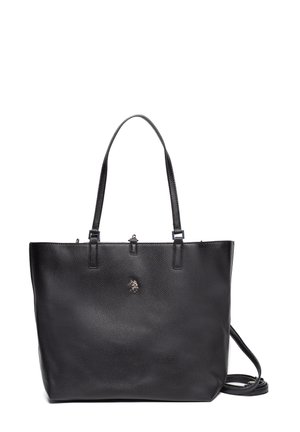 Sac fourre-tout en cuir noir avec une texture granuleuse, deux poignées supérieures et une bandoulière détachable. Présente un accent de logo métallique à l'avant.