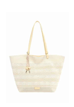 Smėlio spalvos perforuota rankinė su ilgomis rankenomis ir dekoratyvumu pintu kutu su karoliukais, stačiakampio pagrindo ir subtile prekės ženklo etikete.