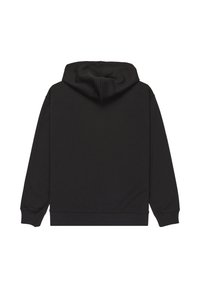 Felpa nera con cappuccio regolabile, maniche lunghe e polsini a coste. Realizzata in tessuto morbido con una texture liscia. Design semplice e uniforme.