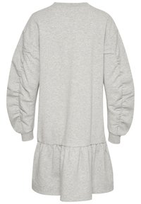 Graues Sweatshirtkleid mit puffärmeligen Ärmeln, gerafftem unteren Saum und weicher Textur. Verfügt über einen runden Ausschnitt und eine lässige Passform.