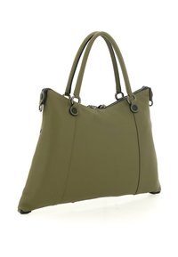 Borsa tote verde oliva con una superficie liscia, dotata di due manici, una chiusura con cerniera e dettagli neri lungo le cerniere e la ferramenta.