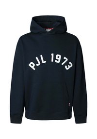 Sweat à capuche noir avec texte blanc "PJL 1973" arqué sur la poitrine, manches longues et poche kangourou à l'avant.