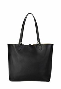 Czarna skórzana torba typu tote z podwójnymi płaskimi uchwytami, gładką teksturą i zamkiem błyskawicznym na górze. Posiada minimalistyczny design i brak widocznych elementów metalowych.