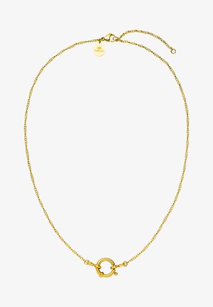 Halskette aus Gold mit einemgedrehten Design, kreisförmigem Verschluss und verstellbarer Länge. Die Kette ist zart und hat eine glatte Oberfläche.