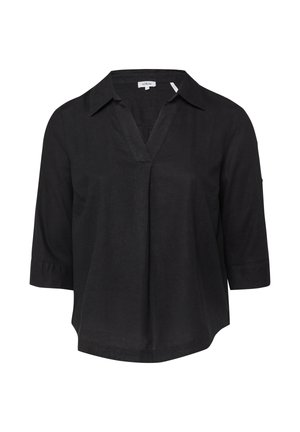 Schwarze Bluse mit dreiviertellangen Ärmeln, Kragen und V-Ausschnitt, lockere Passform, aus leichtem Stoff.