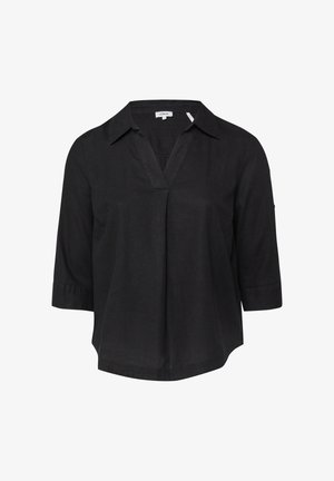 Schwarze Bluse mit dreiviertellangen Ärmeln, Kragen und V-Ausschnitt, lockere Passform, aus leichtem Stoff.