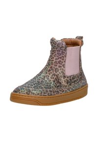 Leopardprint enkellaars met metallic accenten, roze elastische zijpanelen en een bruine rubberen zool. Gepatineerde bovenkant en instapontwerp.