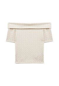 Top de hombros caídos en beige claro, confeccionado en una tela texturada con un patrón sutil. Corte relajado y mangas cortas. Sin cierres visibles.