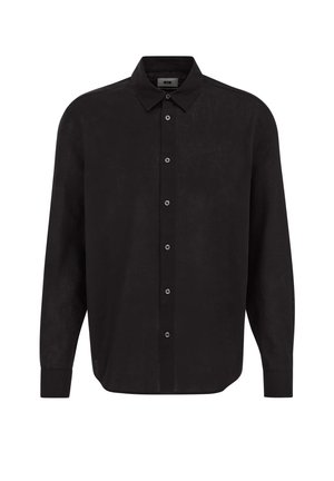 Fekete, hosszú ujjú, gombos ing gallérral, elől gombos szegéllyel és mandzsettával, fehér háttér előtt bemutatva.