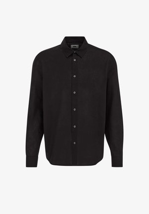 Fekete, hosszú ujjú, gombos ing gallérral, elől gombos szegéllyel és mandzsettával, fehér háttér előtt bemutatva.