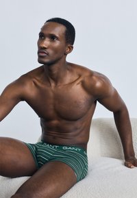 Zöld csíkos boxeralsó fehér "GANT" logóval az derékrészen, puha anyagból készült, egy sportos testalkatú modell viseli.