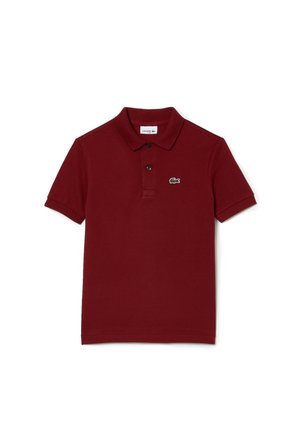 Bordeaux polo med korte ærmer, to knapper og et lille grønt krokodillelogo på venstre bryst.