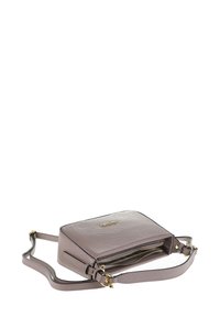 Leren crossbody tas in zachte lavendel met een rechthoekige vorm, ritscompartimenten, gouden hardware en een verstelbare schouderriem.