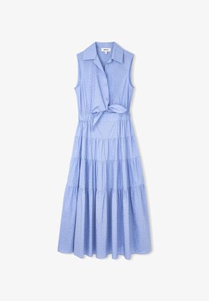 Blauwe mouwloze jurk met een kraagnek, een ceintuur in de taille, een gelaagd rokje en een stippenstructuur overal. Knopen sluiting aan de voorkant.