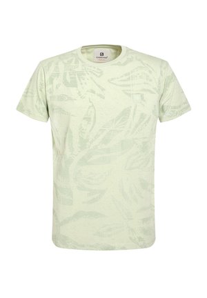 Vihreä T-paita, jossa on hillitty lehdenkuvio, lyhyet hihat, pyöreä kaula-aukko ja pieni logo-yksityiskohta rinnassa.