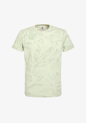 Svijetlo zelena majica s kratkim rukavima koja ima suptilan uzorak listova, okrugli izrez i mali logo detalj na prsima.