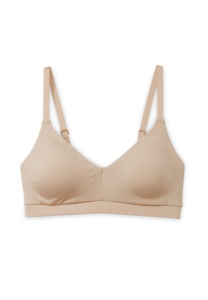 Lichtbeige, draadloze bh met een soepel oppervlak, driehoekige cups, verstelbare banden en een brede band voor ondersteuning.