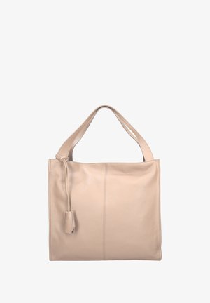 Beige leren totebag met een gladde textuur, brede handvatten en een trekkoordsluiting, met subtiele stikdetails aan de voorkant.
