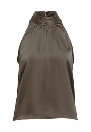 Tume satiinist top, millel on kõrge, kokku volditud kaelus, varrukateta disain ja lõdva istuvusega. Omab peent sära ning võtmeaugu taga lukku.