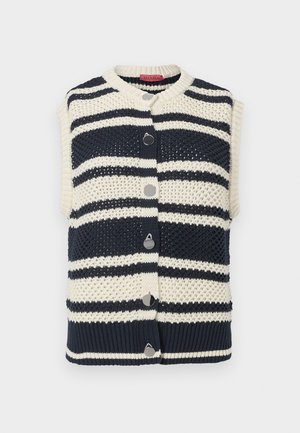 Sleeveless knitted vest with navy and ivory stripes, featuring a round neck, six silver-tone buttons, and ribbed hem detail.