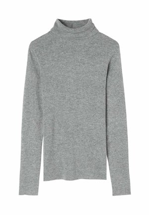 Grau gerippter Rollkragenpullover mit langen Ärmeln und taillierter Passform, aus weichem, dehnbarem Material für Komfort und Wärme.