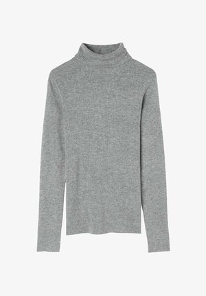 Szary sweter z golfem, o długości rękawów i dopasowanym kroju, wykonany z miękkiego, elastycznego materiału zapewniającego komfort i ciepło.