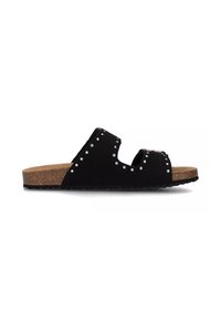 Sandali slide in suede nera con due cinturini aperti sulla punta, decorazioni con borchie e un plantare in sughero resistente con suola in gomma nera testurizzata.