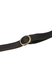 Brown leather belt with a textured finish and a circular gold-tone metal buckle. The strap is sleek and flat, with reinforced stitching.