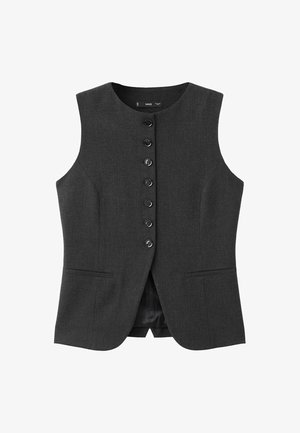 Dark gray vest with a sleeveless design, six front buttons, and two front pockets. Made of textured fabric with a smooth inner lining.