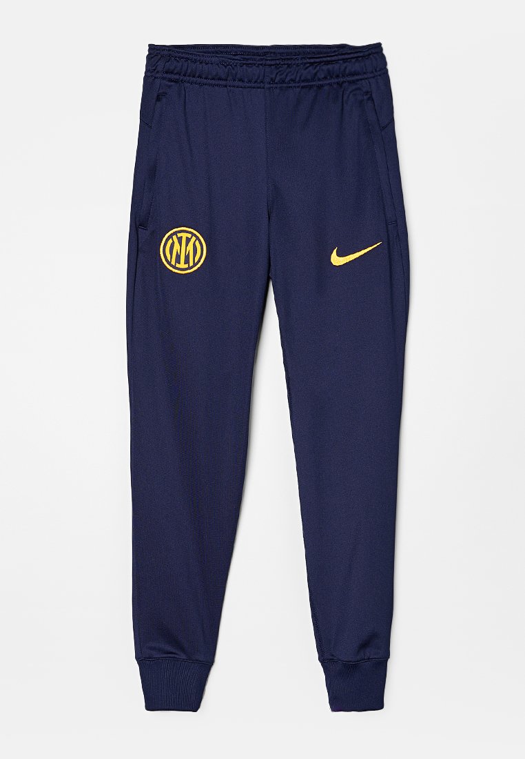 Marinefarbene Sporthose aus Stoff mit elastischem Bund, Seitentaschen, gelben Logoakzenten und Rippstrickbündchen an den Knöcheln.