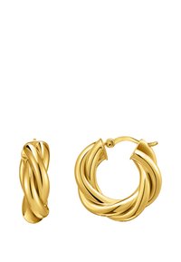 Orecchini a cerchio dorati con un design torcigliato, superfici lisce e riflettenti e una chiusura sicura. La forma è rotonda e voluminosa.