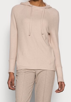 Felpa rosa beige con vestibilità rilassata, dotata di cappuccio con coulisse, maniche lunghe e polsini e orlo a costine. Tessuto morbido con una consistenza liscia.