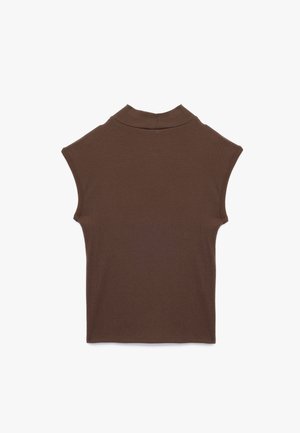 Brauntop ohne Ärmel aus geripptem Material. Verfügt über einen hohen Hals und ein enganliegendes Design mit einer glatten Textur.