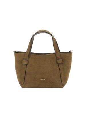 Brown suede tote bag with two short handles, featuring a gold logo on the front and smooth stitching along the edges.