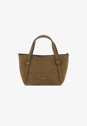 Brown suede tote bag with two short handles, featuring a gold logo on the front and smooth stitching along the edges.