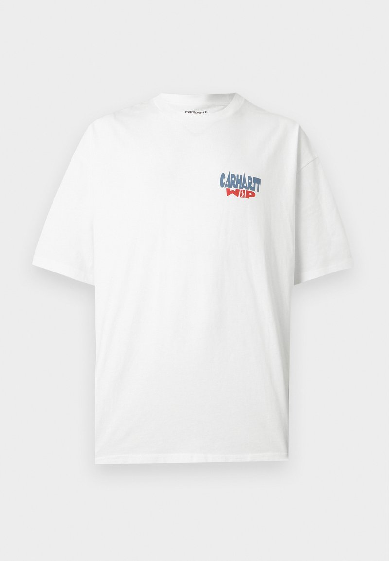 T-shirt bianca a maniche corte con logo "Carhartt WIP" blu e rosso sul petto sinistro, girocollo e vestibilità comoda.